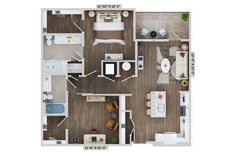 Floor plan for 2 beds, 2 baths, 1087 sqft